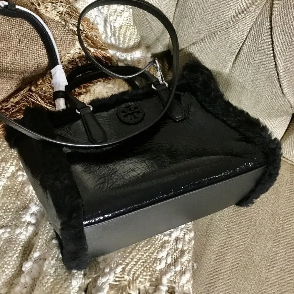 TORY BURCH CRINKLE PATENT LEATHER SHEARLING CROSSBODY BAG OR HANDBAG